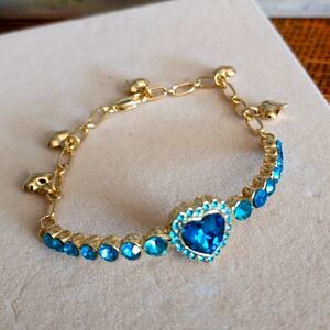 Gold Heart Bracelet with Turquoise Crystal Stones and Heart Charms